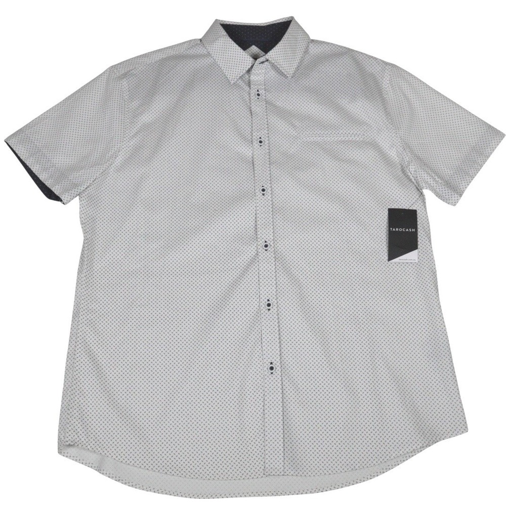 Tarocash Mens Button Up Shirt Large White Micro Print Short Sleeve Casual NWT